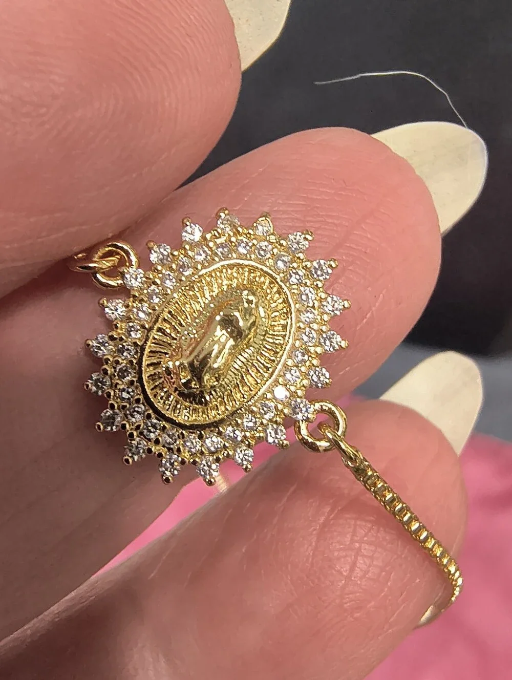 18K Gold Over Stainless Steel Miraculous Medal Bolo Bracelet CZ Halo Adjustable